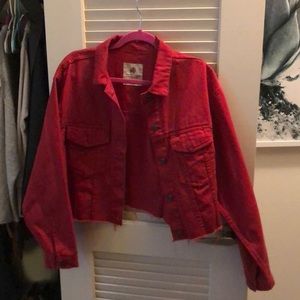Cropped red denim jacket